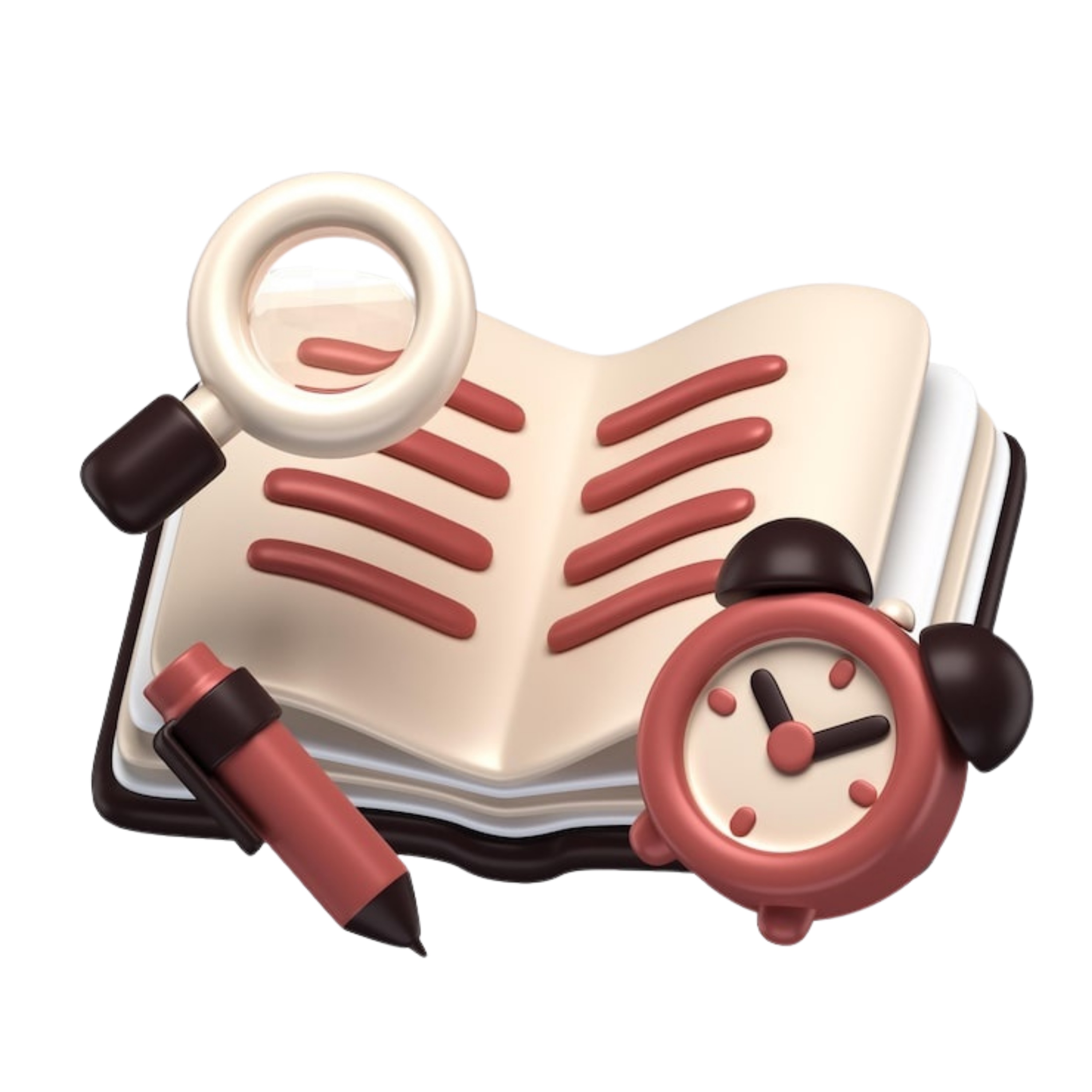 Open book with pencil, magnifying glass, and clock illustration